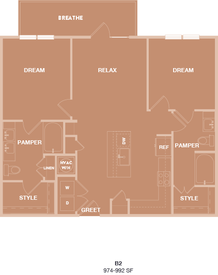 A floor plan of an apartment with labeled rooms and appliances.